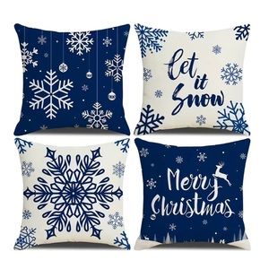 4pc Linen Blend Blue Snowflake Christmas Throw Pillow Covers